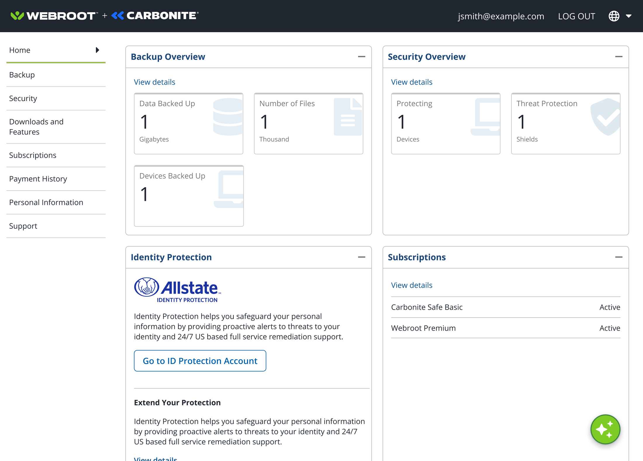 Webroot and Carbonite account portal home with backup, security, identity protection and subscription panels, and the green SupportBot launcher resting in the lower-right corner.