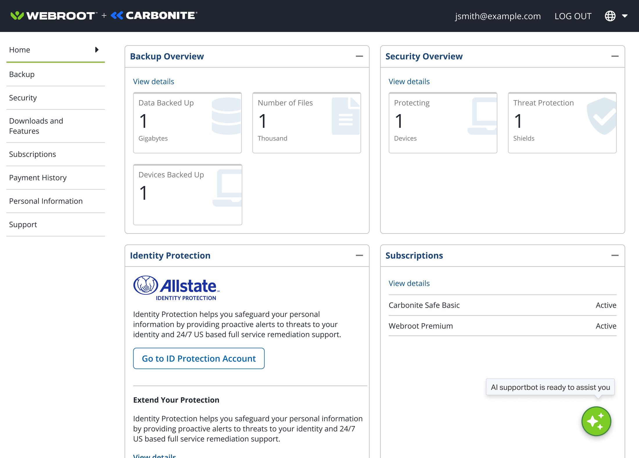 The same account portal with a tooltip beside the launcher reading, AI supportbot is ready to assist you.