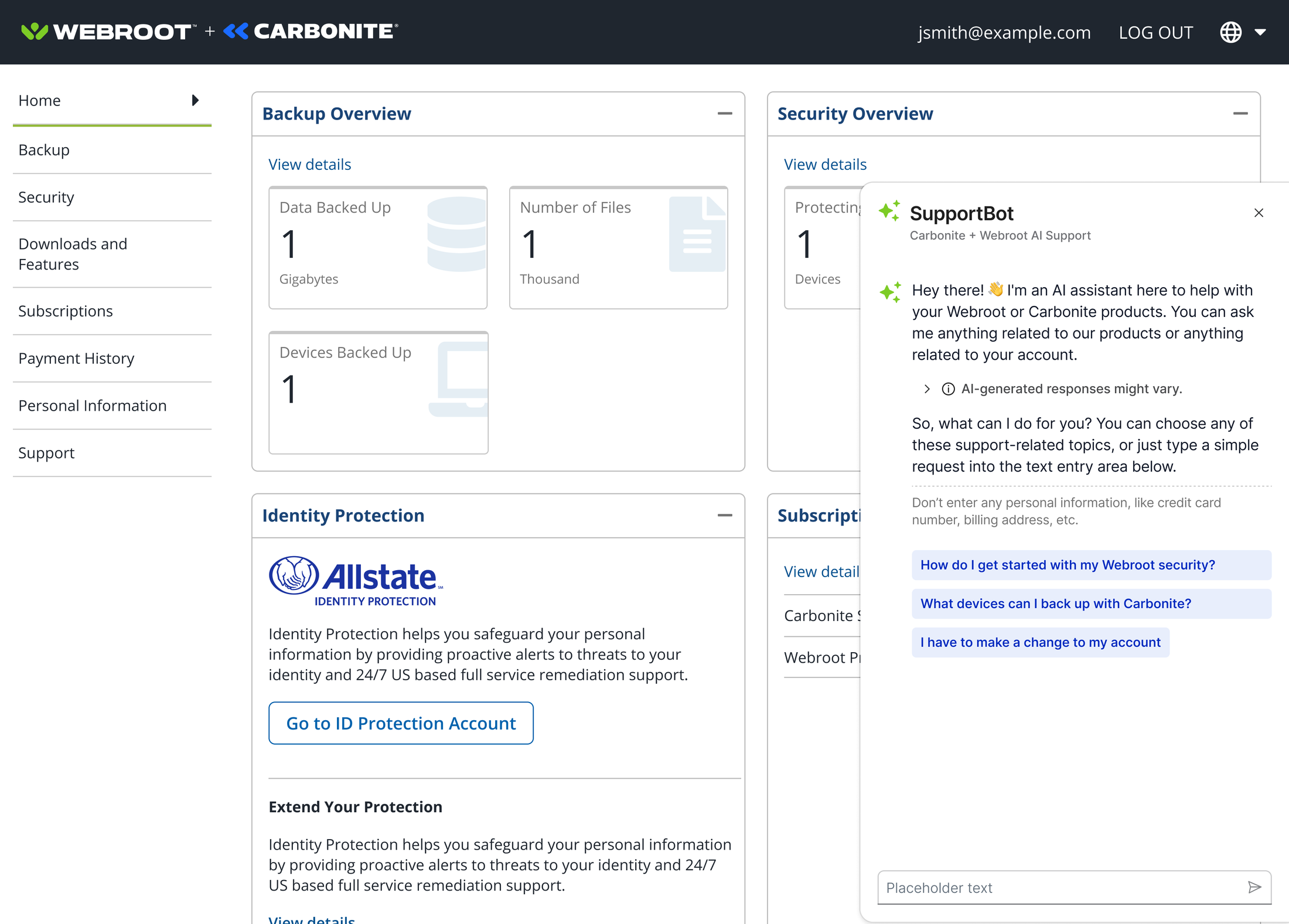 SupportBot panel open along the right edge of the account portal, showing the greeting, the AI-generated responses might vary disclosure, a personal information warning, and three suggested prompts.