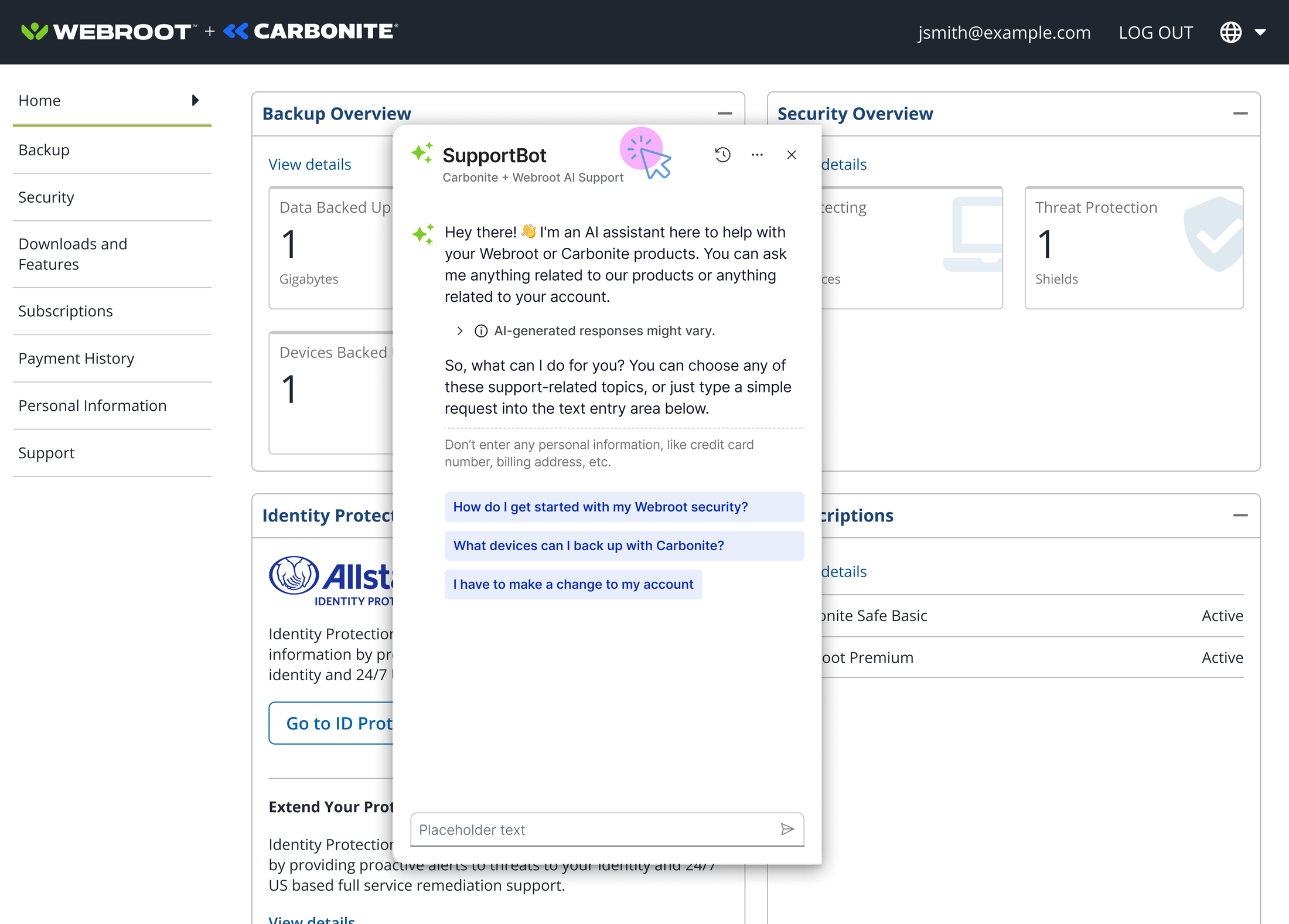 SupportBot panel positioned over the account portal content with chat history and overflow controls in the panel header alongside the close button.