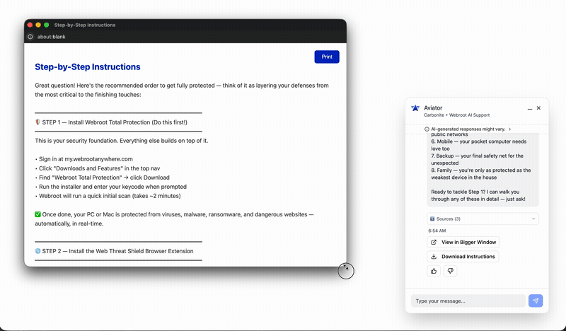 Working prototype: the assistant generates a numbered setup guide, then opens it in a full window with a print option so the user can follow it alongside the install.